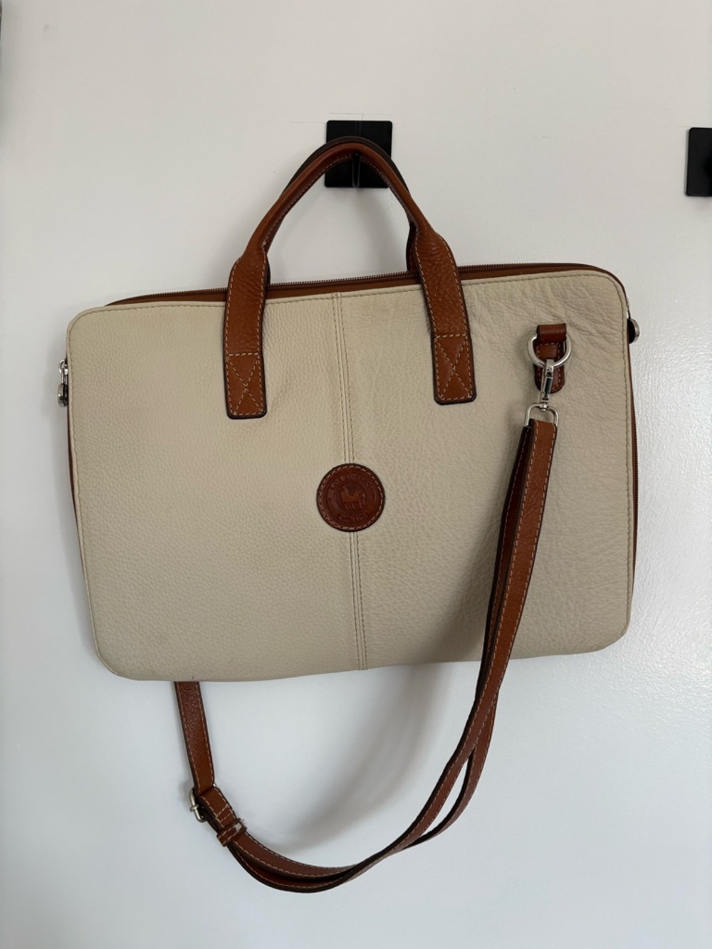 Los Robles Polo Time Leather Briefcase Messenger Bag - Cream with Brown Trim